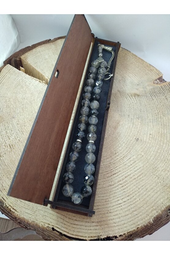 Gri Damarlı Akik Taşı Tesbih Ahşap Kutulu 10 mm Doğaltaş