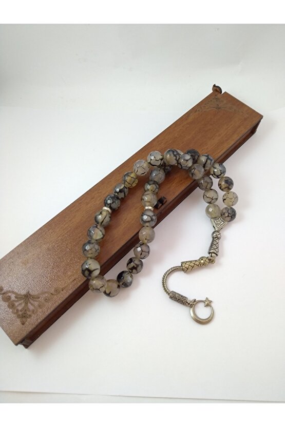 Gri Damarlı Akik Taşı Tesbih Ahşap Kutulu 10 mm Doğaltaş