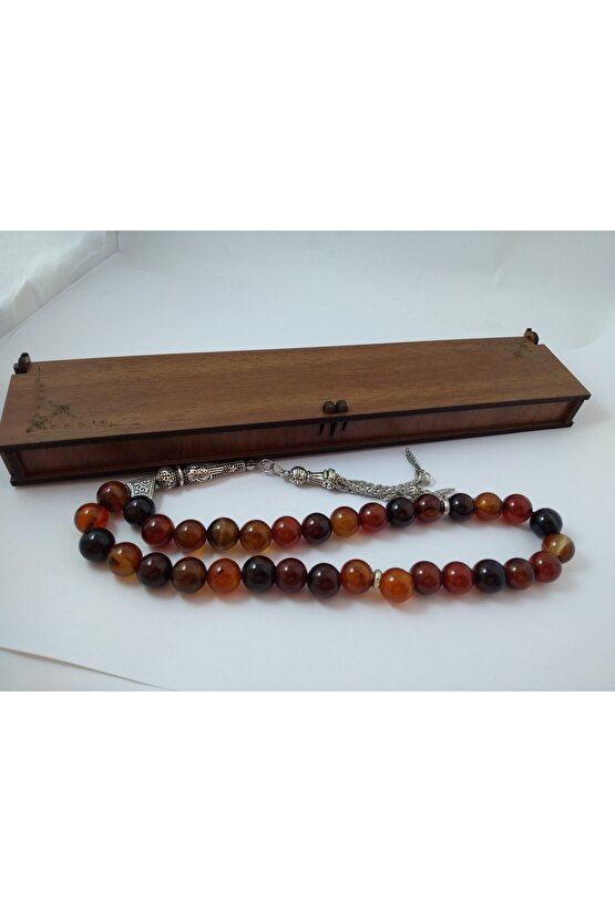 Kızıl Kahve Akik Taşı Tespih Ahşap Kutulu  10 Mm Doğaltaş Tespih