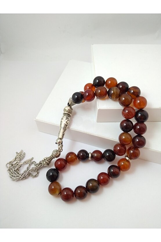 Kızıl Kahve Akik Taşı Tespih Ahşap Kutulu  10 Mm Doğaltaş Tespih