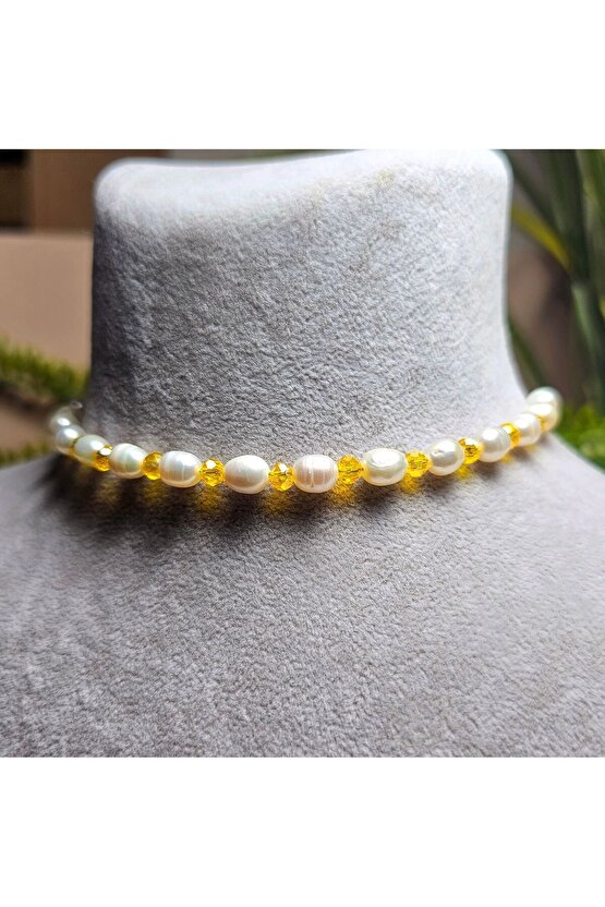 İnci Doğal Taş Halhal - Sarı - 1 Adet ( El Yapımı Tasarım Ürünler )