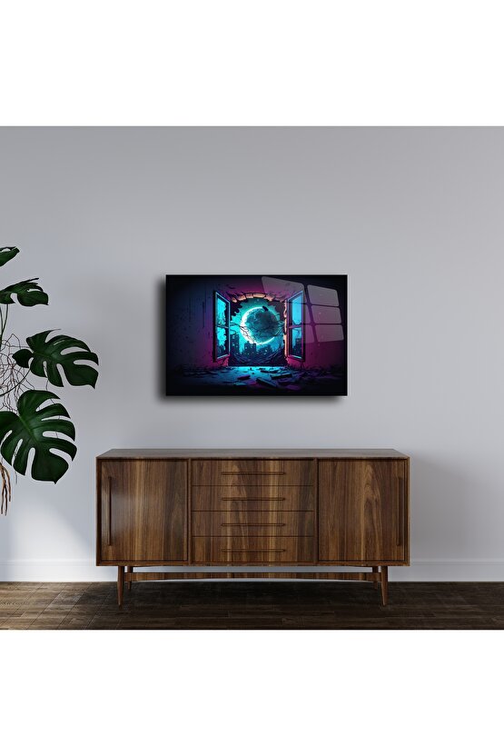 Neon Ay Manzaralı Fantastik Cam Tablo