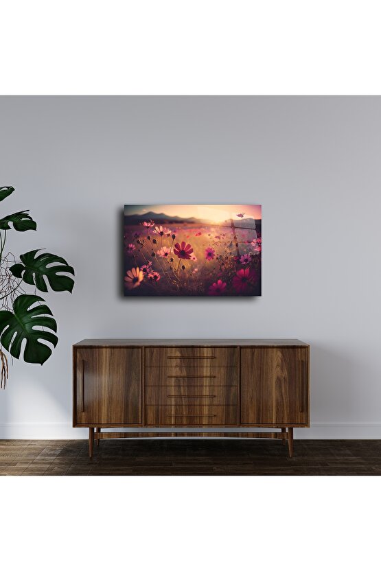 Altın Gün Batımı Çiçek Tarlası Cam Tablo