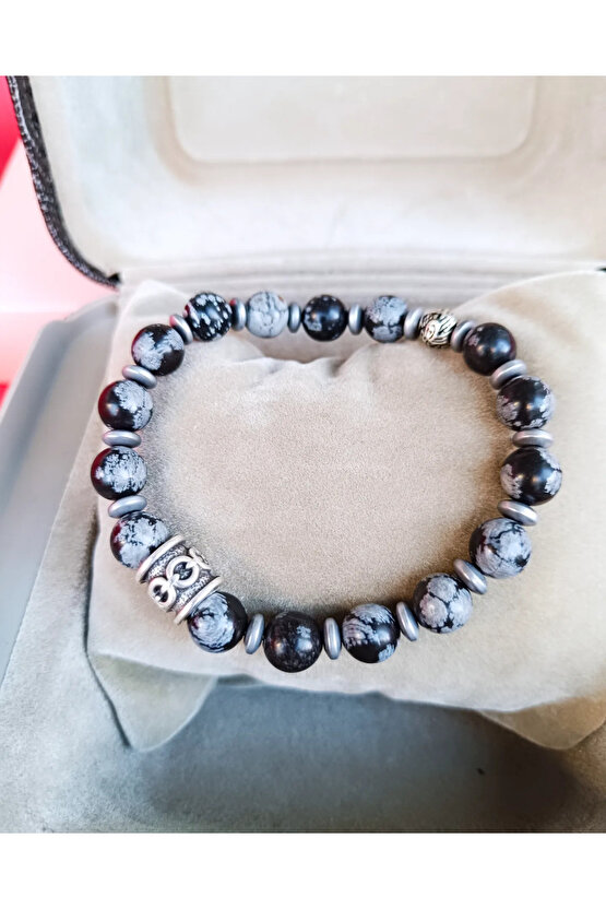 Doğal Taş Erkek Bileklik Obsidyen& Hematit Taşı