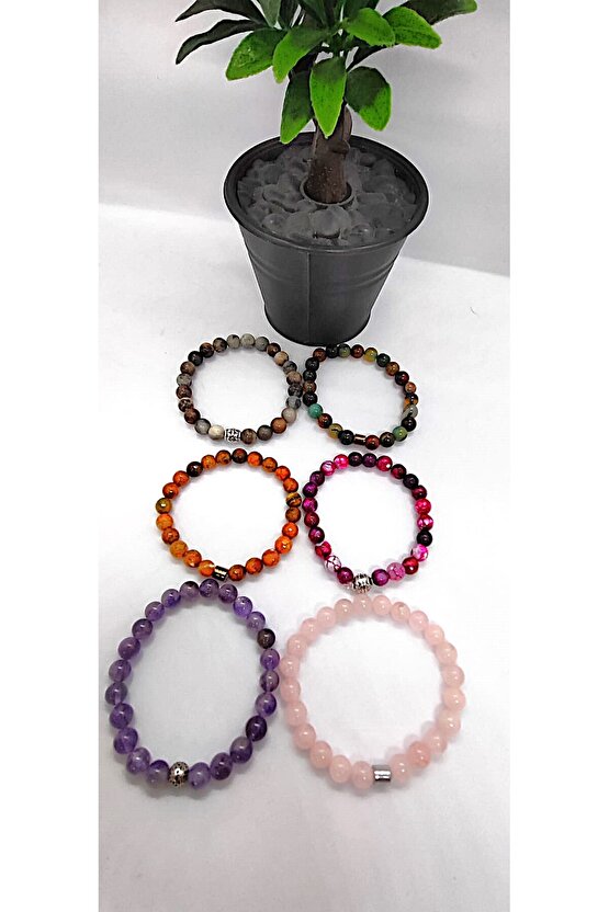 Ametist & Pembe Kuvars & 3 Adet Akik & Jasper 6’lı Doğal Taş Bileklik Seti Hediye Aksesuar Kombin