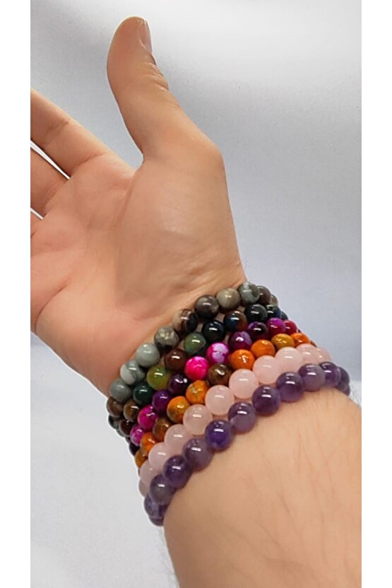 Ametist & Pembe Kuvars & 3 Adet Akik & Jasper 6’lı Doğal Taş Bileklik Seti Hediye Aksesuar Kombin