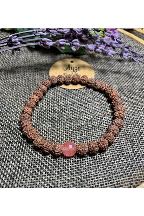 Rudraksha ( Rudrakşa) Tohumu, Pembe Kuvars Bileklik