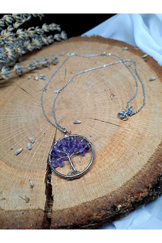 Unisex Mor Ametist Hayat Ağacı Doğal Taş Kolye