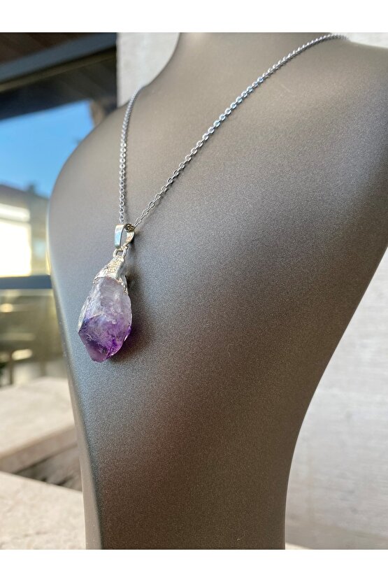 Ametist  Doğal Taş Kolye - (işlenmemiş Ham Hali) - Kolye Ucu + Zincir