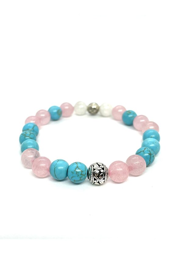 Doğaltaş Kadın Cazibe Bilekliği (ay Taşı Pembe Kuvars Turkuaz Doğal Taş Bileklik)