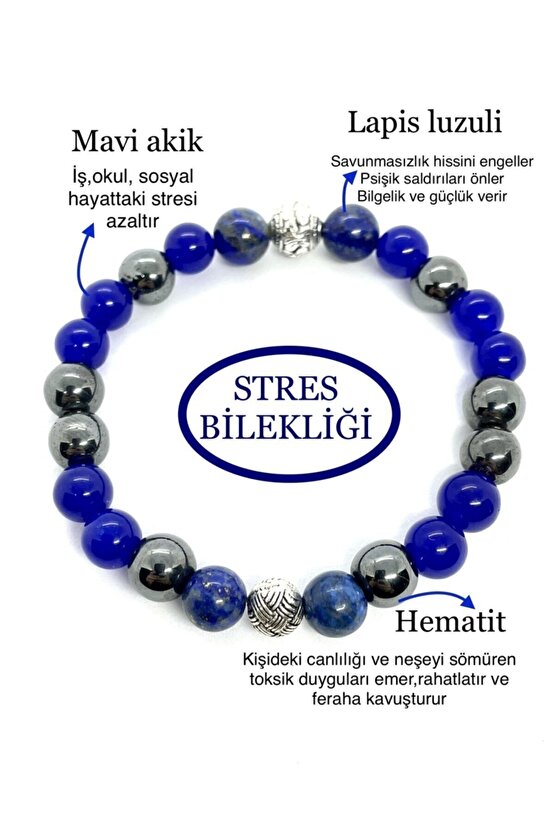 Unisex Doğaltaş Stres Bilekliği ( Mavi Akik Hematit Lapis Lazuli Doğal Taş Bileklik)
