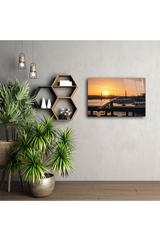 Galata Köprüsü Gün Batımı Cam Duvar Tablosu
