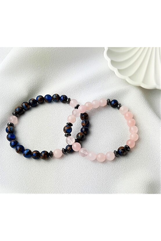 Çift Bilekliği, Sevgili , Eş Doğal Taş Bileklik Hediyelik Ürün Murano Kuvars ,pembe Kuvars Hematit