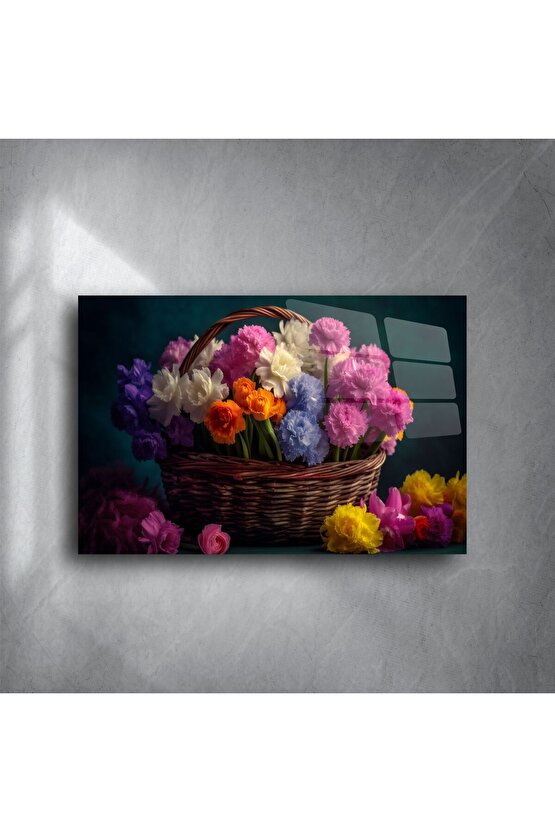 Dekoratif Renkli Çiçek Sepeti Cam Tablo