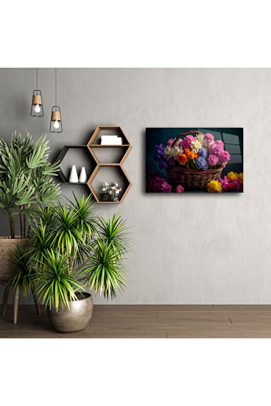 Dekoratif Renkli Çiçek Sepeti Cam Tablo