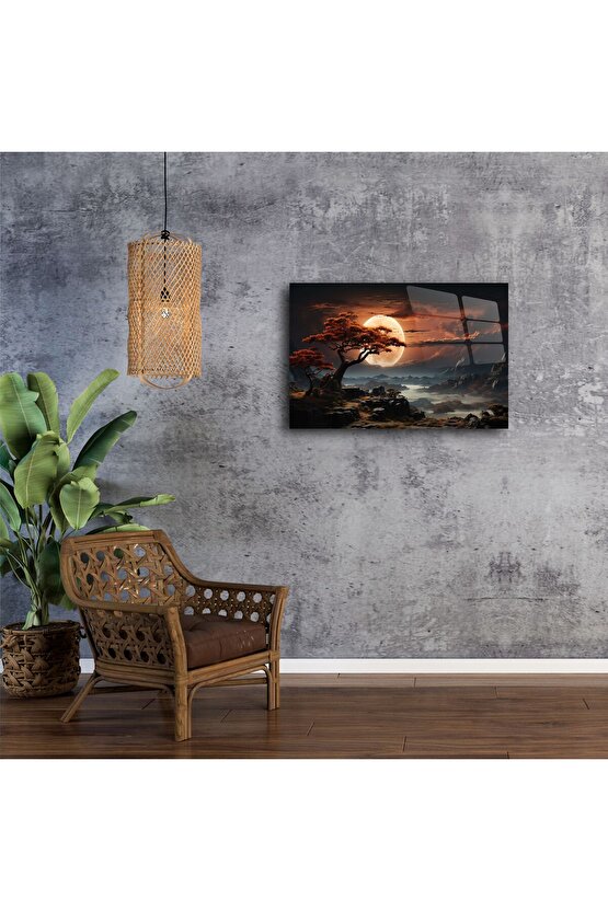 Turuncu Ay Manzaralı Ağaçlı Cam Tablo