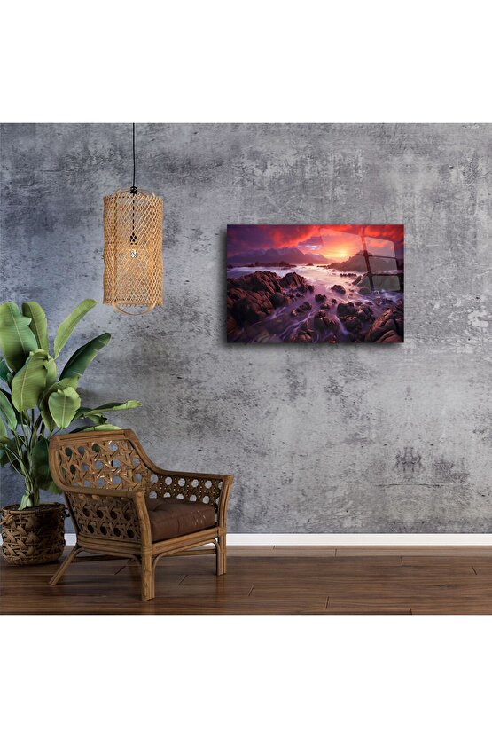 Kızıl Gün Batımı Manzaralı Cam Tablo