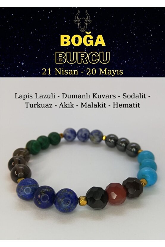 Boğa Burcu Doğaltaş Bileklik Akik, Turkuaz, Hematit, Dumanlı Kuvars, Sodalit, Malakit, Lapis Lazuli