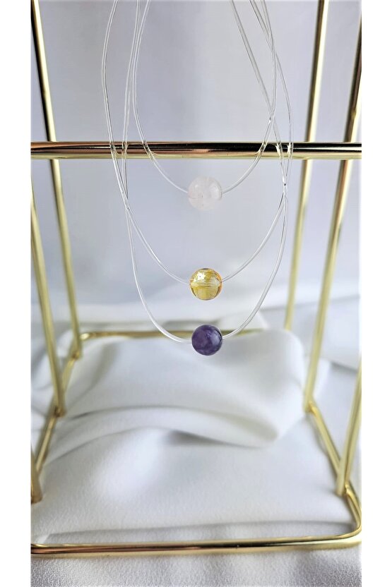 Misina Kolye Kadın Doğal Taş Kolye Ametist, Sitrin, Pembe Kuvars