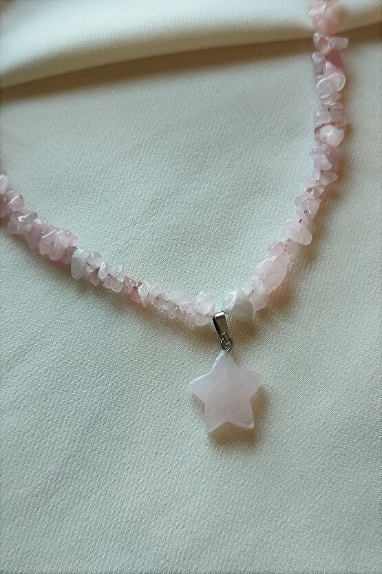 Sertifikalı Pembe Kuvars Yıldız Kırıktaş Doğaltaş Kolye