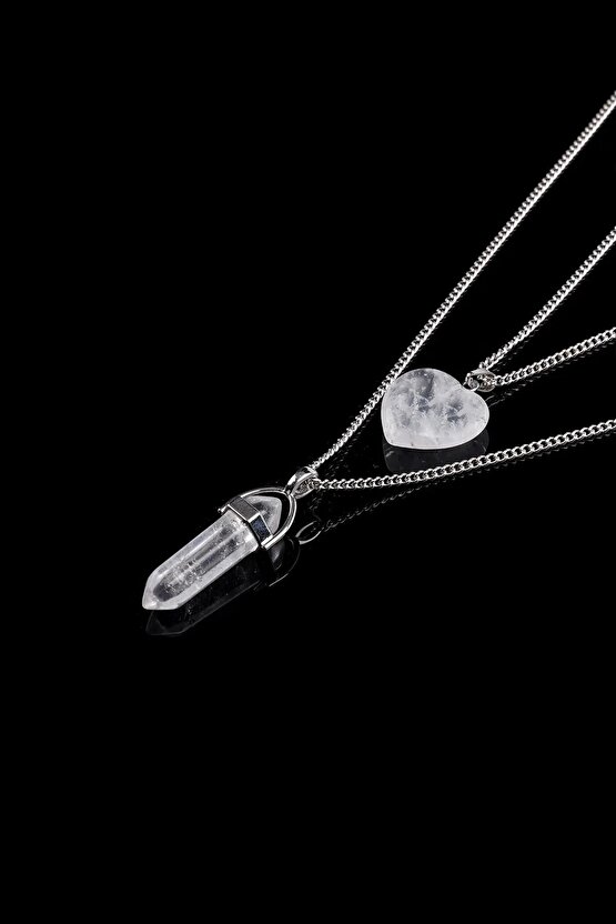 Kristal Kuvars Kalp Ve Çivi Kesim Kolye Set