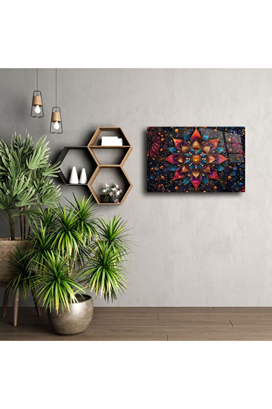 Mandala Desenli Renkli Cam Duvar Tablosu