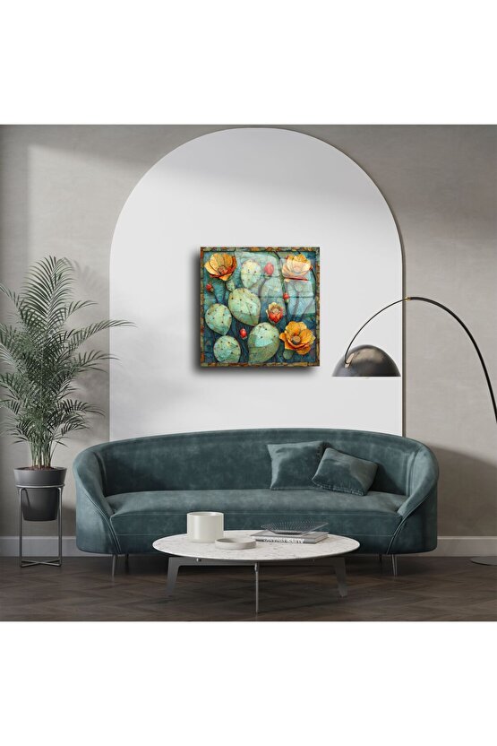 Kaktüs Desenli Cam Duvar Tablosu