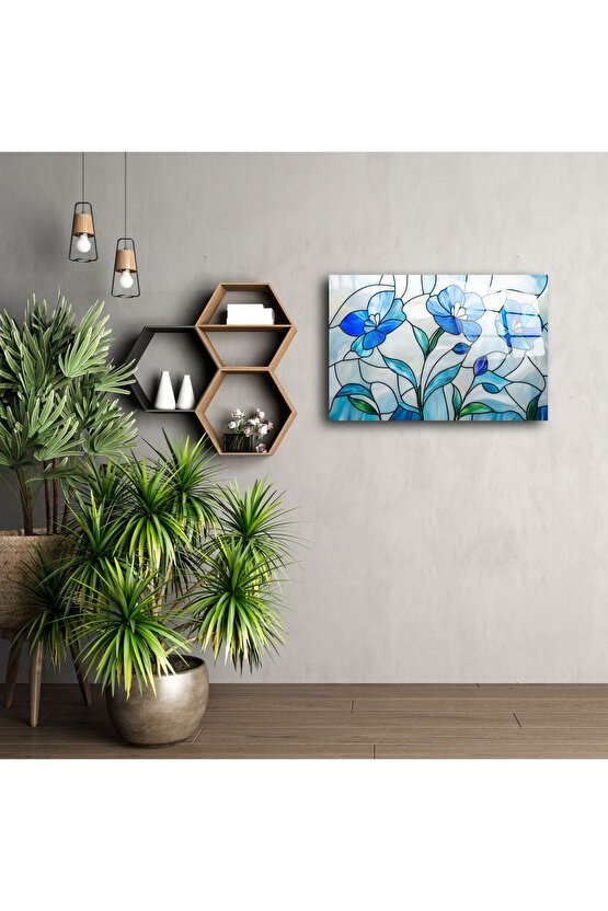 Mavi Çiçekli Cam Tablo