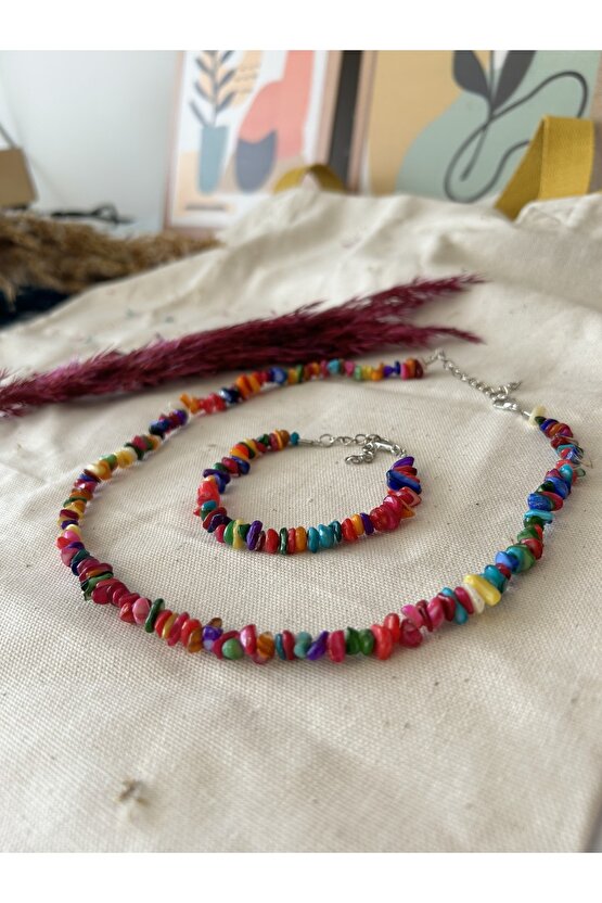 Doğal Renkli Sedef Kırık Taş Kolye Ve Bileklik Seti-%100 Orijinal