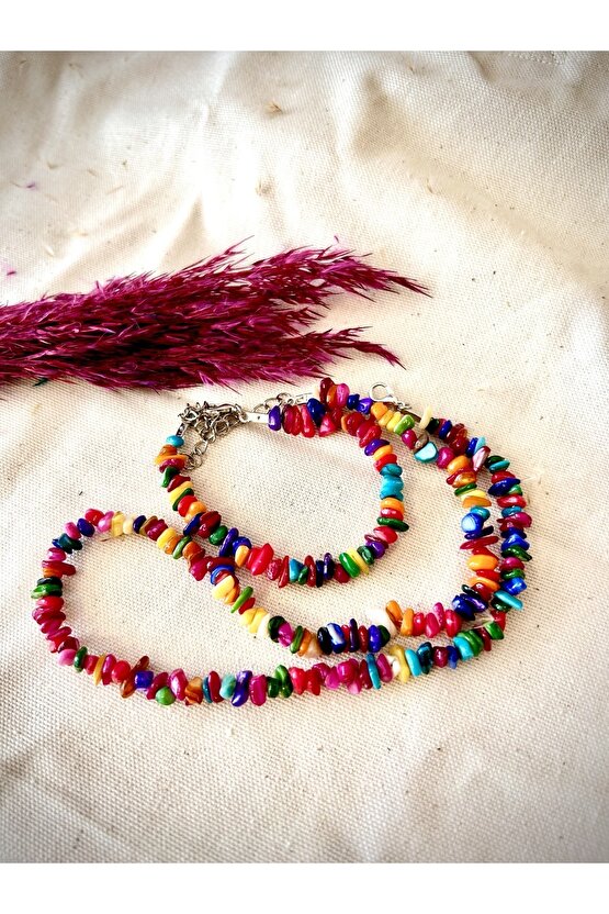 Doğal Renkli Sedef Kırık Taş Kolye Ve Bileklik Seti-%100 Orijinal