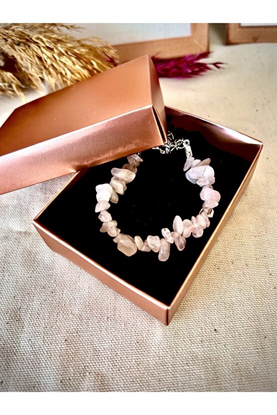 Doğal Pembe Kuvars Kırık Taş Bileklik - Doğanın Renkli Işıltısı-%100 Orijinal