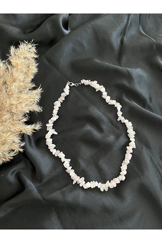 Pembe Kuvars Kırık Doğal Taş Kolye