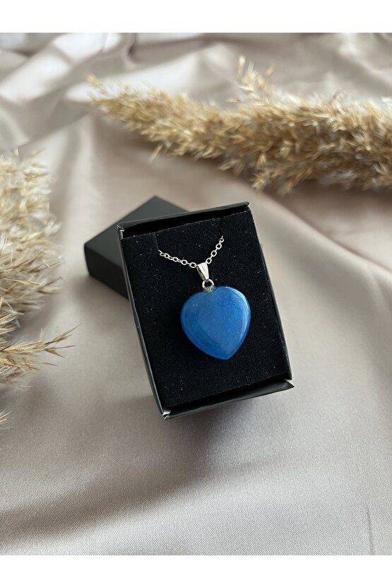 Kalp Kesim Mavi Akik Doğal Taş Kolye