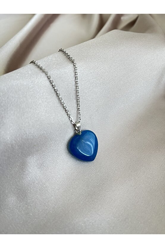 Kalp Kesim Mavi Akik Doğal Taş Kolye