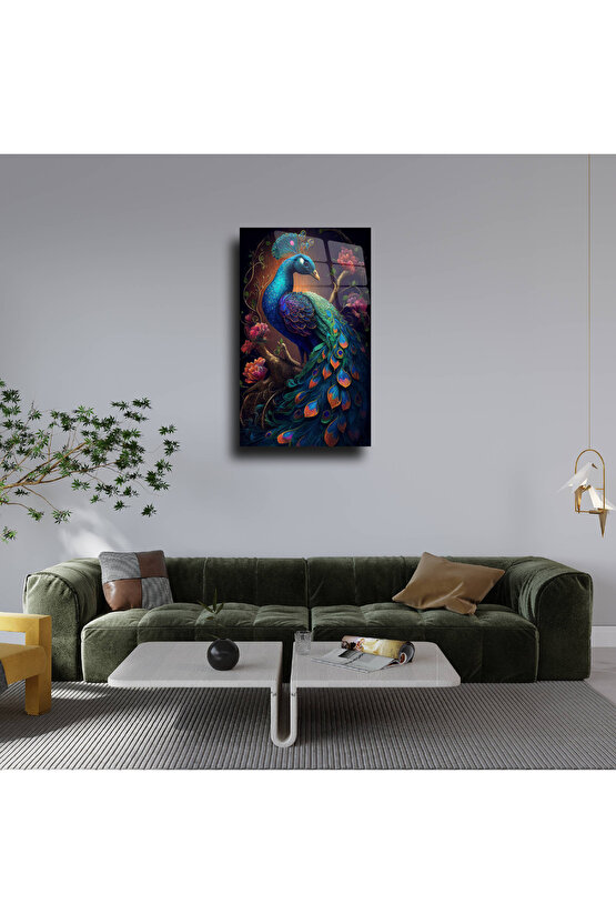 Mavi Tavus Kuşu Cam Tablo Duvar Dekoru