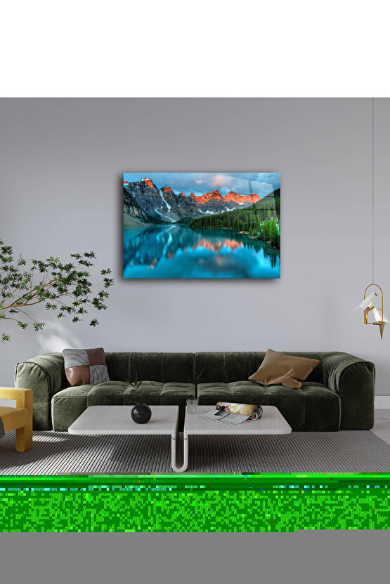 Dağ ve Göl Manzarası Cam Tablo Duvar Dekoru