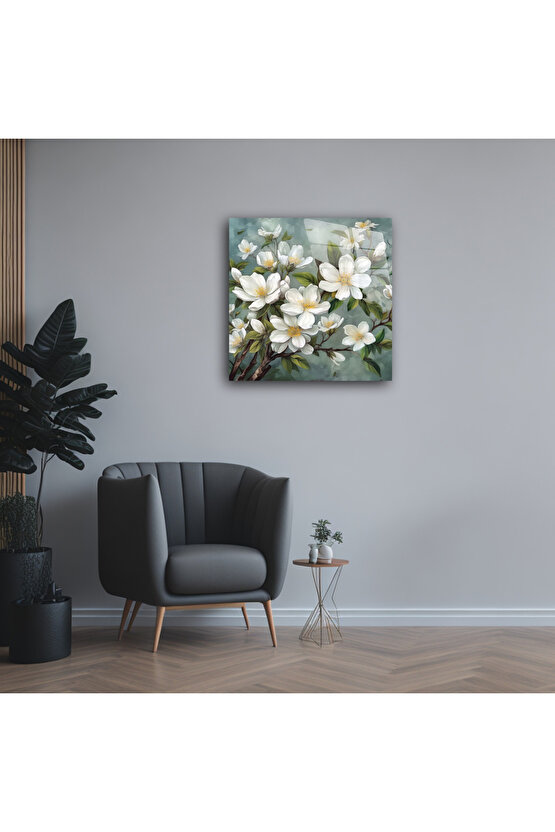 Beyaz Çiçekler Cam Tablo Duvar Dekoru