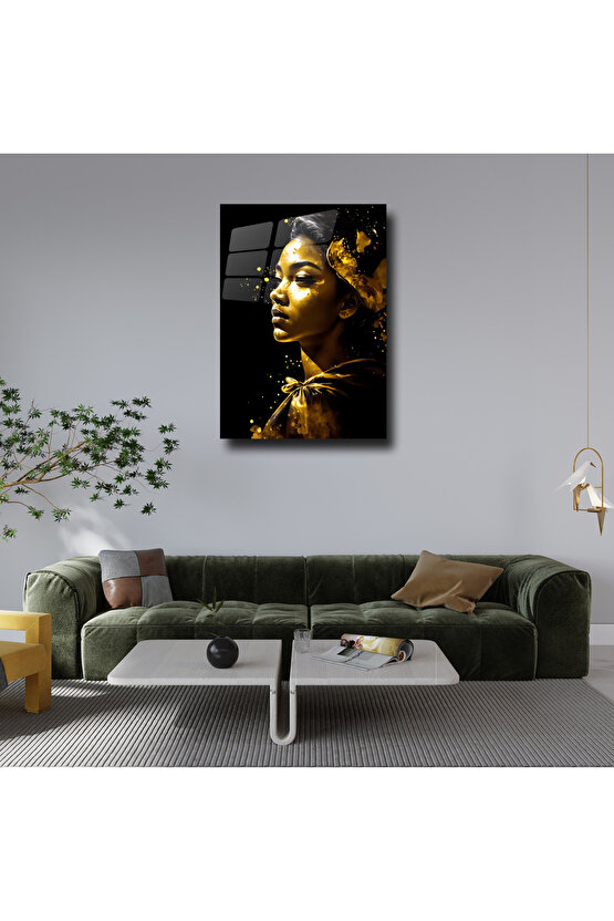 Gold Kadın Görseli Cam Tablo Duvar Dekoru 3