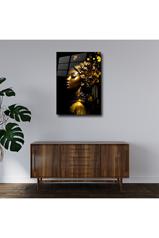 Gold Kadın Görseli Cam Tablo Duvar Dekoru 2