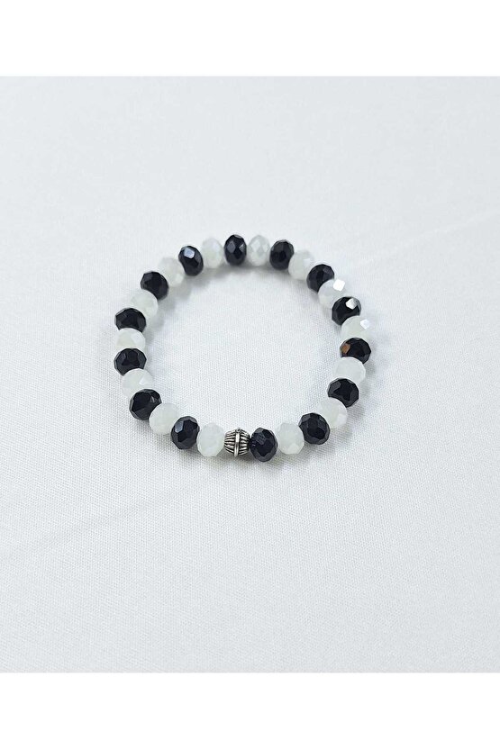 Siyah-Beyaz Renkli Kristal Cam Bileklik| Unisex |Hediye Ve Günlük Şık Aksesuar Kombin |Siyah Beyaz