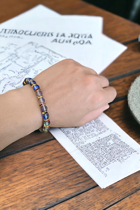 Mavi Termal Kuvars Renkli Rondela Nazar Boncuklu Doğal Taş Bileklik Parlayan Model