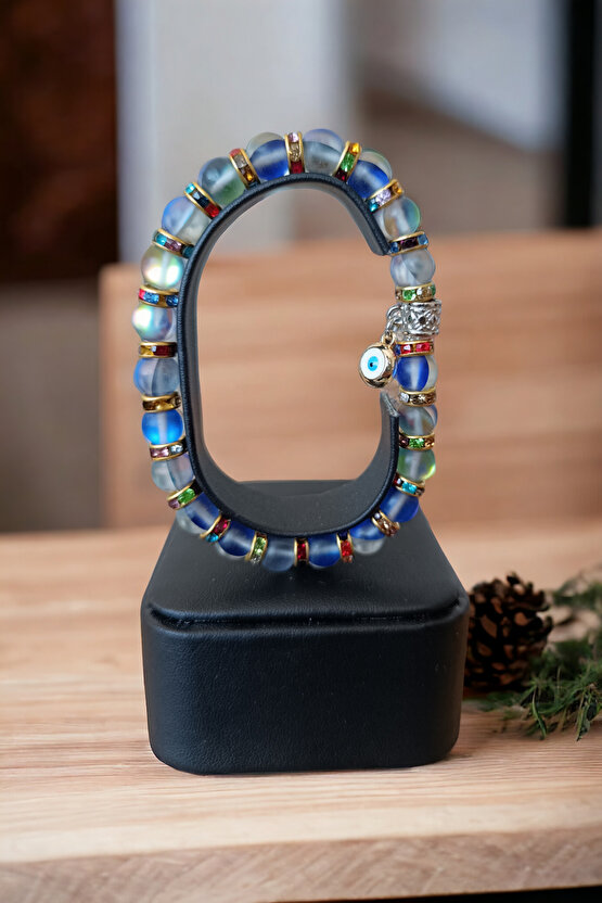 Mavi Termal Kuvars Renkli Rondela Nazar Boncuklu Doğal Taş Bileklik Parlayan Model