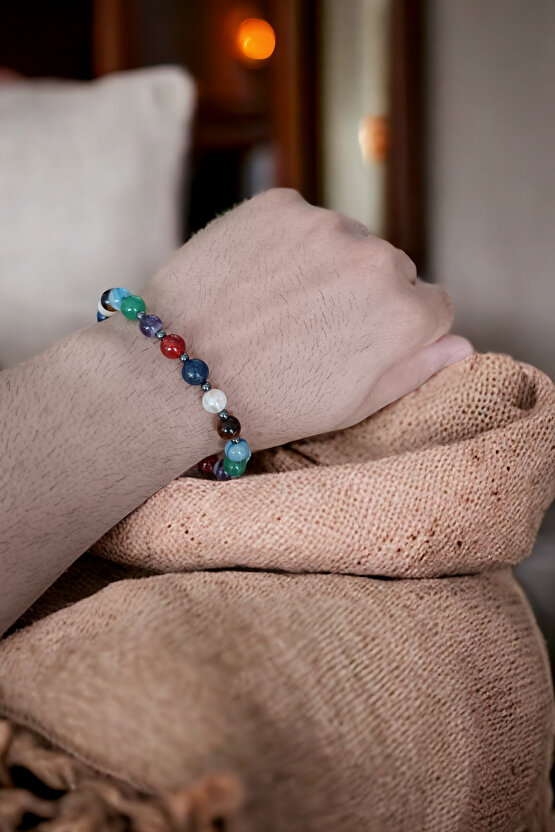 7 Çakra Bileklik Kaplan gözü Taşı, Ametist, Aventurin Lapis, Sitrit, Mavi Akik, Akik Doğal taş