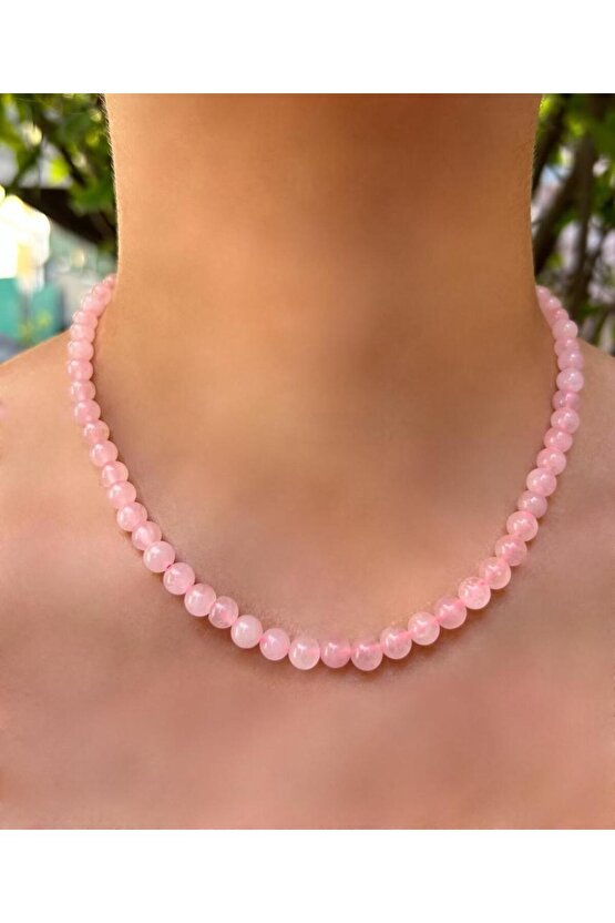 6 MM Küre Kesim Pembe Kuvars Doğal Taş Kolye