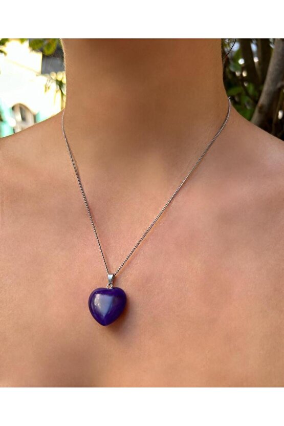 Kalp Model Ametist Doğal Taş Kolye