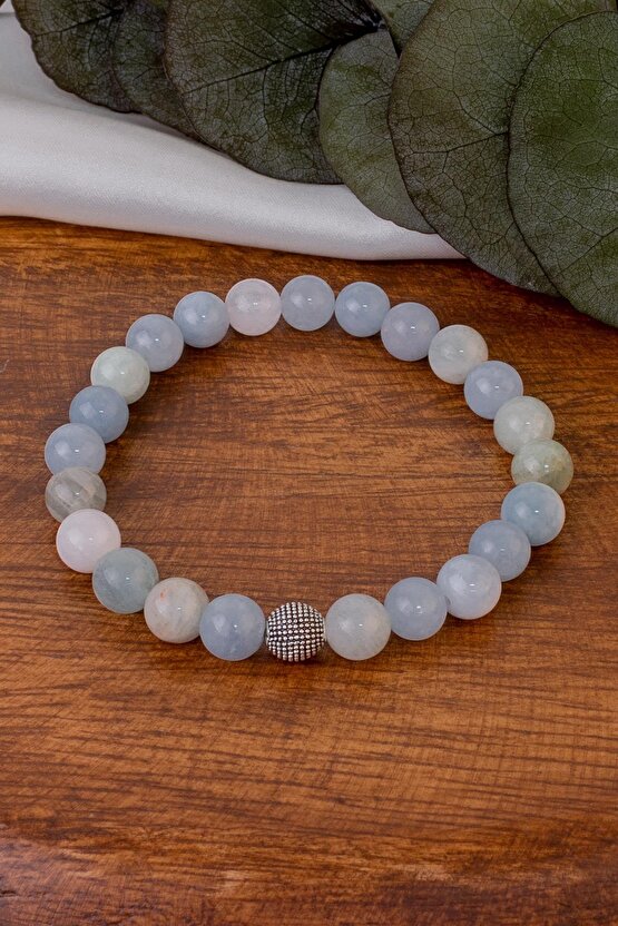 Akuamarin Doğal Taş Bileklik 8 mm Küre Kesim