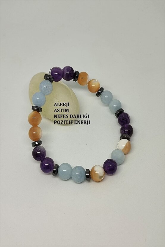 Sertifikalı Akuamarin, Esmer Sedef, Ametist, Hematit Doğaltaş Bileklik