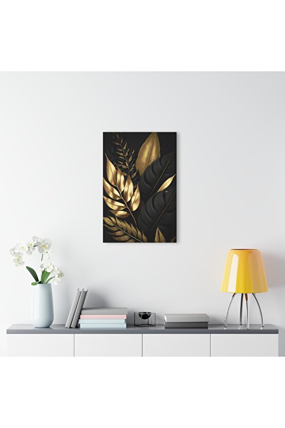 Gold Altın Renkli Yapraklar Cam Tablo Duvar Dekoru 2