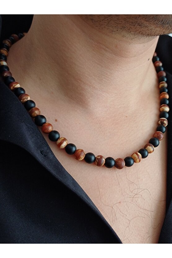 TİBET AKİK & SİYAH ONİKS DOĞAL TAŞ ERKEK KOLYE