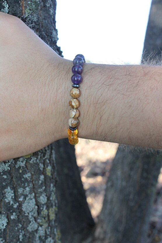 Başak Burcu Erkek Sitrin Lal Ametist Kaplan Gözü Doğaltaş 8 Mm Burç Bileklik